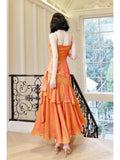 Gentle Mermaid Spaghetti Straps Tiered Pleated Orange Satin Evening Dress Party Dress HZ1023