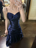 Gentle Mermaid Spaghetti Straps Tiered Pleated Dark Blue Satin Evening Dress Party Dress HZ1023