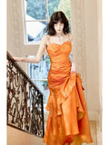 Gentle Mermaid Spaghetti Straps Tiered Pleated Orange Satin Evening Dress Party Dress HZ1023