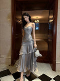 Gentle Mermaid Spaghetti Straps Tiered Pleated Gray Satin Evening Dress Party Dress HZ1023