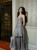 Gentle Mermaid Spaghetti Straps Tiered Pleated Gray Satin Evening Dress Party Dress HZ1023