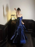 Gentle Mermaid Spaghetti Straps Tiered Pleated Dark Blue Satin Evening Dress Party Dress HZ1023