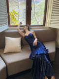 Gentle Mermaid Spaghetti Straps Tiered Pleated Dark Blue Satin Evening Dress Party Dress HZ1023