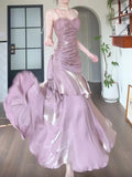 Gentle Mermaid Spaghetti Straps Tiered Pleated Purple Satin Evening Dress Party Dress HZ1023