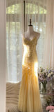 Cute A Line Spaghetti Strap Beaded Light Yellow Chiffon Prom Dress Graduation Prom Dress HZ1023