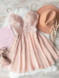 Pink sweetheart neck chiffon lace short prom dress lace homecoming dress HZ1023