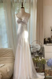 Elegant Mermaid Strap Beaded White Satin Long Prom Dress Graduation Prom Dress HZ1023