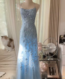 Baby Blue A Line Spaghetti Straps Appliques Tulle Long Prom Dress Graduation Prom Dress HZ1023
