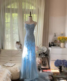 Baby Blue A Line Spaghetti Straps Appliques Tulle Long Prom Dress Graduation Prom Dress HZ1023