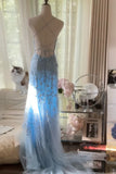 Baby Blue A Line Spaghetti Straps Appliques Tulle Long Prom Dress Graduation Prom Dress HZ1023