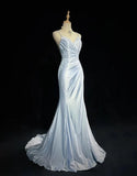 Gentle Mermaid Spaghetti Straps Appliques Blue Satin Long Party Dress Evening Dress HZ1023