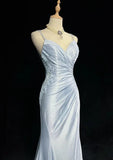 Gentle Mermaid Spaghetti Straps Appliques Blue Satin Long Party Dress Evening Dress HZ1023
