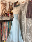 Baby Blue A Line Sweetheart Neck Beaded Chiffon Prom Dress Graduation Prom Dress HZ1023