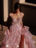 Elegant A Line Off the Shoulder Tiered Sequin Light Pink Tulle Prom Dress Evening Dress HZ1023