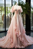 Gentle A Line Puff Sleeve Ruffle Light Pink Chiffon Prom Dress Graduation Prom Dress HZ1023