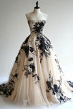 Cute A Line Sweetheart Neck Black Appliques Lace Tulle Long Sweep Prom Dress Evening Dress HZ1023