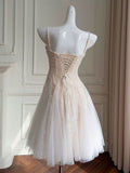 Sequin A Line Spaghetti Strap Corset Skin Color White Tulle Homecoming Dress HZ1023