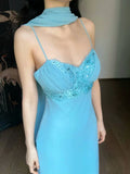 Elegant Sheath Spaghetti Strap Beaded Sequin Blue Chiffon Prom Dress Graduation Prom Dress HZ1023