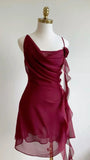 Burgundy A Line Spaghetti Strap Floral Chiffon Short Party Dress Homecoming Dress Outfits HZ1023