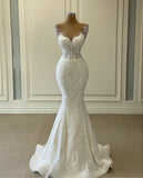 Luxurious Mermaid Wedding Dresses Bridal Gowns With Detachable Train Sheer Jewel Neck Lace Appliques HZ1023