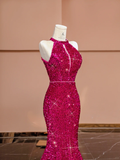 Barbie Pink Mermaid Halter Sequin Open Back Long Prom Dress Party Dress HZ1023