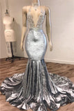 Black Girl Prom Dress Open Back Silver Velvet Prom Dresses Cheap | Mermaid Sexy V-neck Crystals Appliques Formal Evening Gowns HZ1023