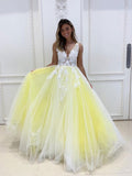 Yellow v neck tulle lace long prom dress yellow tulle lace formal dress HZ1023
