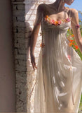 Flowy Ivory A Line Spaghetti Straps Flower Tulle Prom Dress Party Dress HZ1023