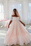 Light Pink Ball Gown Off the Shoulder Lace Organza Date Dress Prom Dress Birthday Dress HZ1023