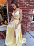 Yellow satin long prom dress two pieces evening dress HZ1023