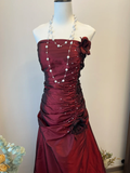 Vintage A Line Strapless Flower Pleated Burgundy Satin Long Prom Dress Party Dress HZ1023