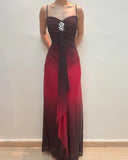 Vintage Black Red Ombre A Line Spaghetti Strap Chiffon Long Prom Dress Party Dress HZ1023