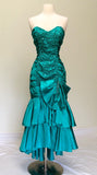 Vintage Blue Mermaid Strapless Bow Pleated Satin Party Dress Evening Dress HZ1023