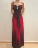 Vintage Black Red Ombre A Line Spaghetti Strap Chiffon Long Prom Dress Party Dress HZ1023