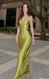 Simple Green Sheath Spaghetti Strap Satin Long Prom Dress Formal Gown HZ1023