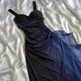 Charming A Line Spaghetti Strap Beaded Navy Blue Ombre Chiffon Party Dress Evening Dress HZ1023