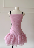 Cute Pink A Line Spaghetti Strap Layered Chiffon Homecoming Dress HZ1023