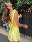 Cute Yellow A Line Ruffles Satin Open Back Short Homecoming Dress Outfits HZ1023