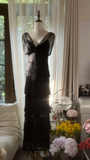 Charming Sheath V Neck Layered Beaded Black Chiffon Party Dress Evening Dress HZ1023