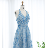 Blue A Line V Neck Sequin Beaded Tulle Long Prom Dress Evening Dress HZ1023