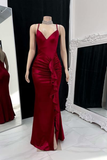 Burgundy Satin Slit Mermaid Prom Dress Elegant Evening Dress HZ1023