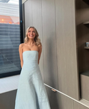 Elegant A Line Strapless Tiered Sky Blue Tulle Prom Dress Evening Dress HZ1023