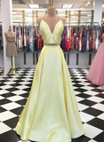 Yellow two pieces long prom dress, yellow satin evening dress HZ1023