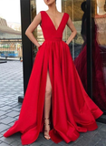 Red v neck satin long prom dress, red evening dress HZ1023