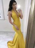 Yellow v neck long prom dress, mermaid evening dress HZ1023