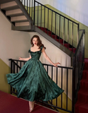 Charming A Line Strap Print Flower Green Satin Long Evening Dress Party Dress HZ1023