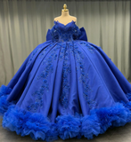 Royal Blue Ball Gown Off the Shoulder Beaded 3D Flowers Sweet 16 Dress Girls Party Gowns vestidos de quincea?era HZ1023
