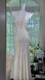 Gentle Mermaid Spaghetti Strap Beaded White Chiffon Long Prom Dress Evening Dress HZ1023