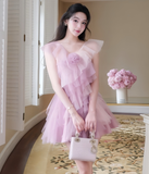 Romantic Purple A Line V Neck Layered Tulle Short Homecoming Dress Cocktail Dress HZ1023