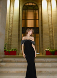Sexy Black Mermaid Off the Shoulder Velvet Satin Long Prom Dress Formal Dress HZ1023